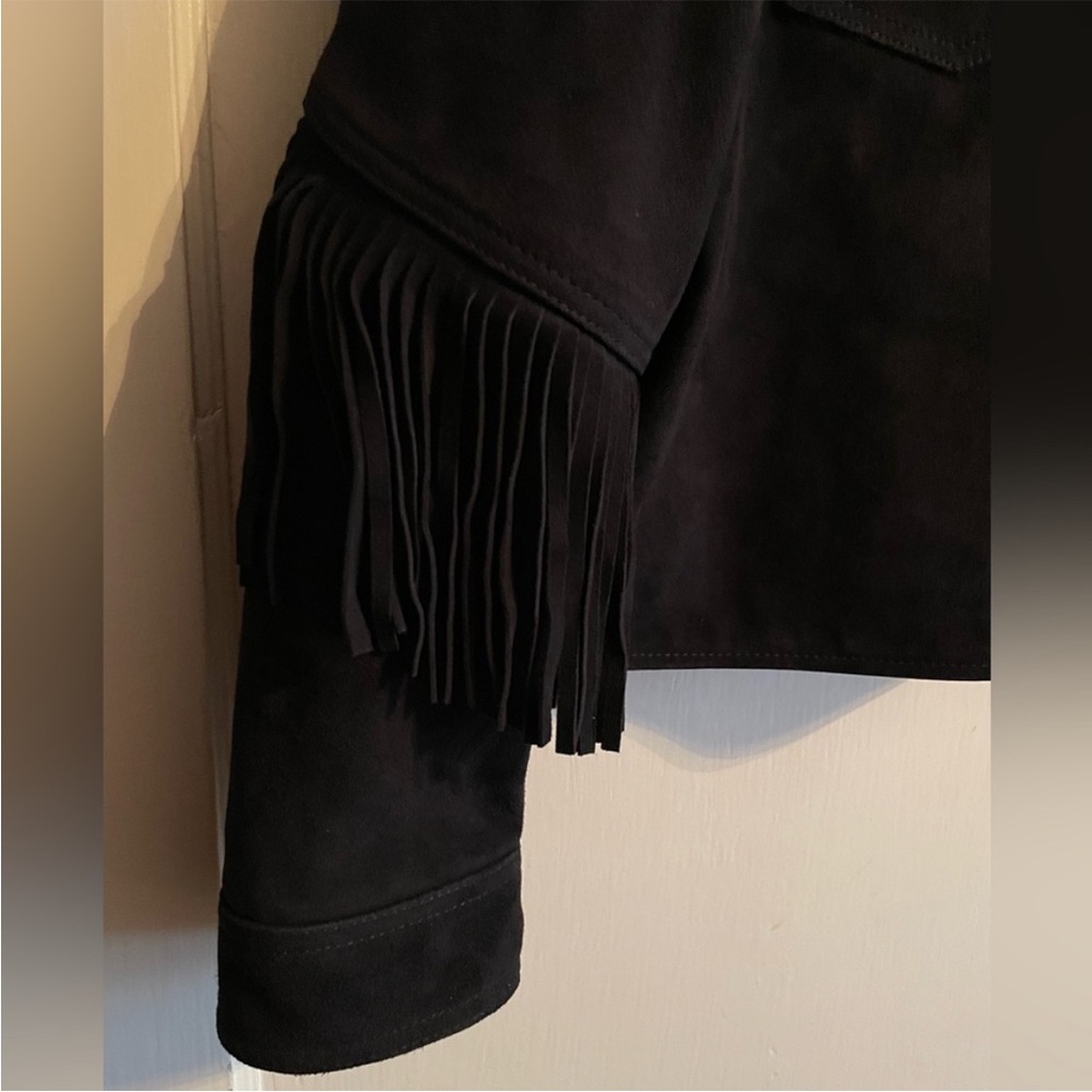 Lucky Brand: Black Suede Fringe Jacket - Picture 3 of 6